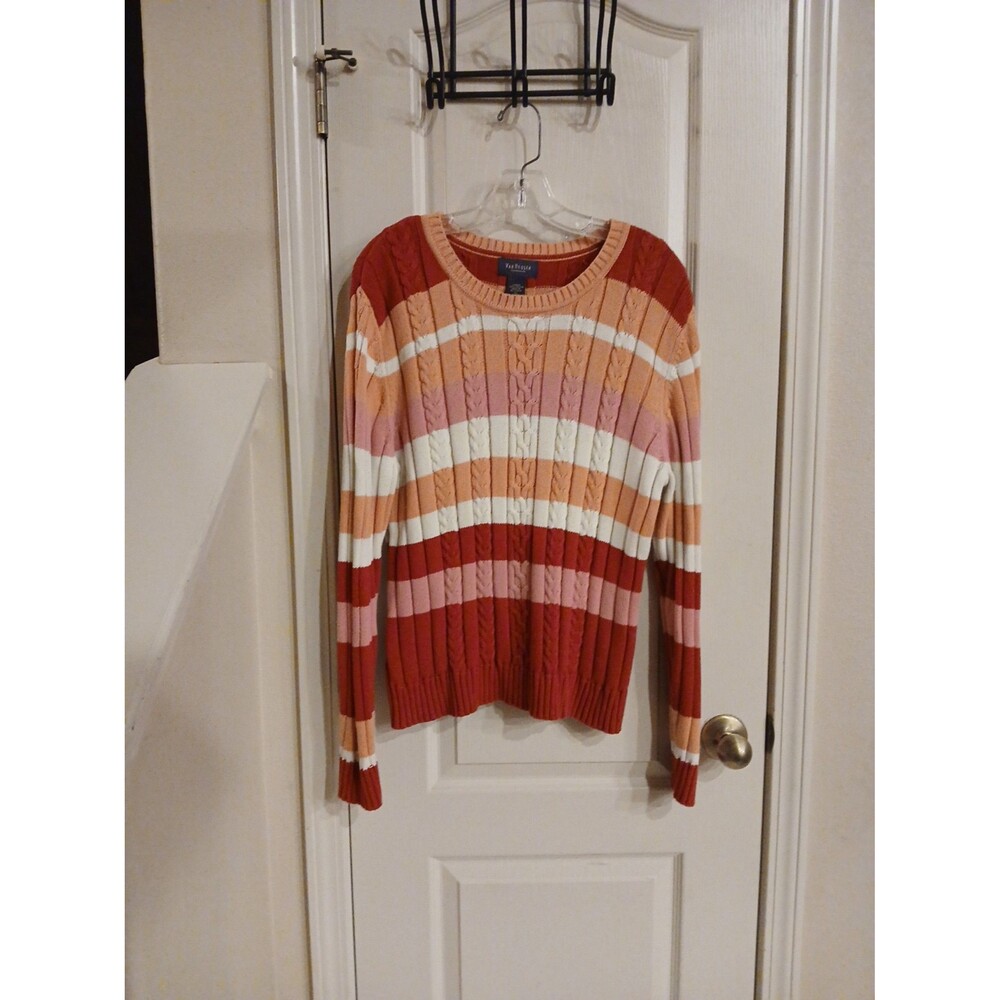 Cable Knit Striped Crew Neck Sweater Romantic Y2K Preppy Fisherman Knit XL